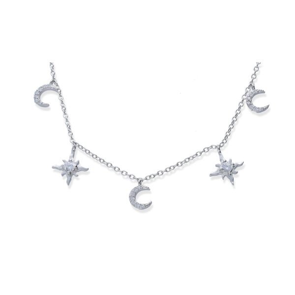 Collar plata de ley 925 circonita gargantilla con 3 lunas y 2 estrellas polar de 44cm con cierre de reasa.