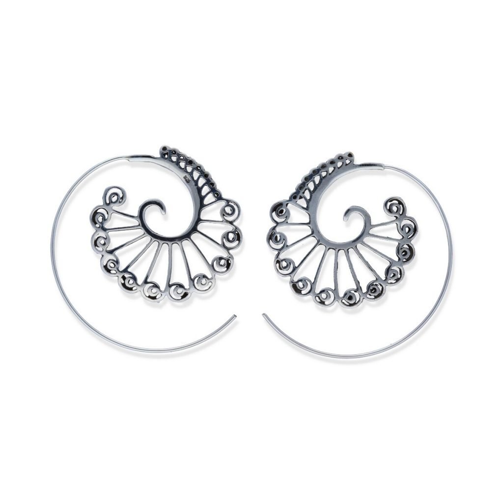 pendientes plata 925 lisa gipsy espiral caracol con hojas, diámetro 32mm