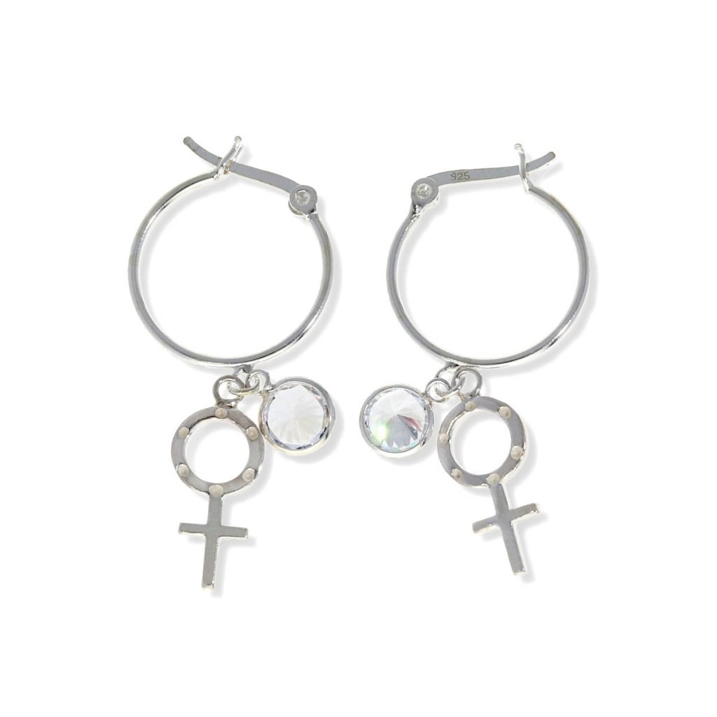 Pendientes de plata de Ley 925 con aro de 1x18mm y colgante de símbolo de la mujer de 8x19mm y circonita de 7mm.