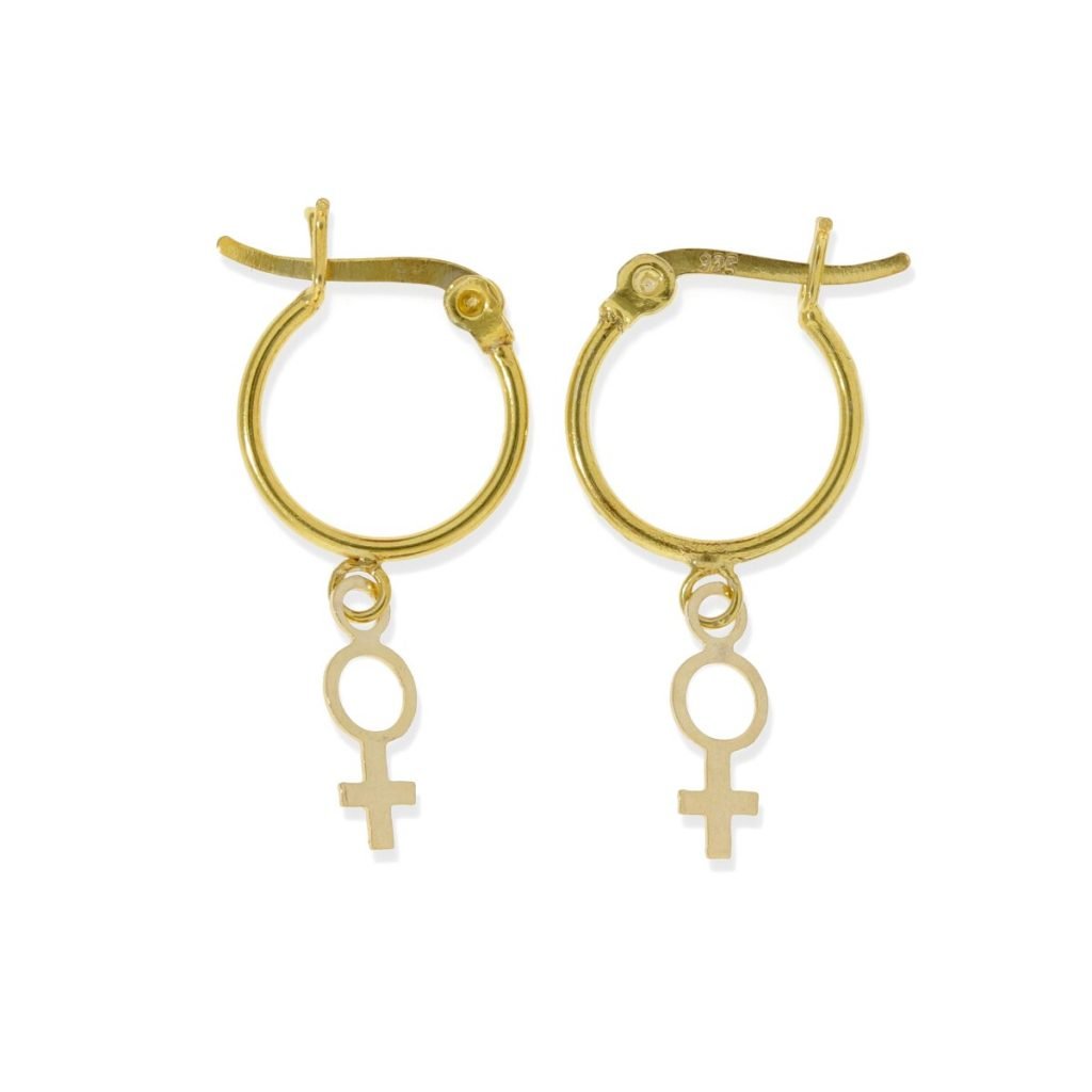 Pendientes de plata de ley 925 con baño de oro de 18 quilates con aro de 1,2x14mm y colgante símbolo mujer de 10mm.