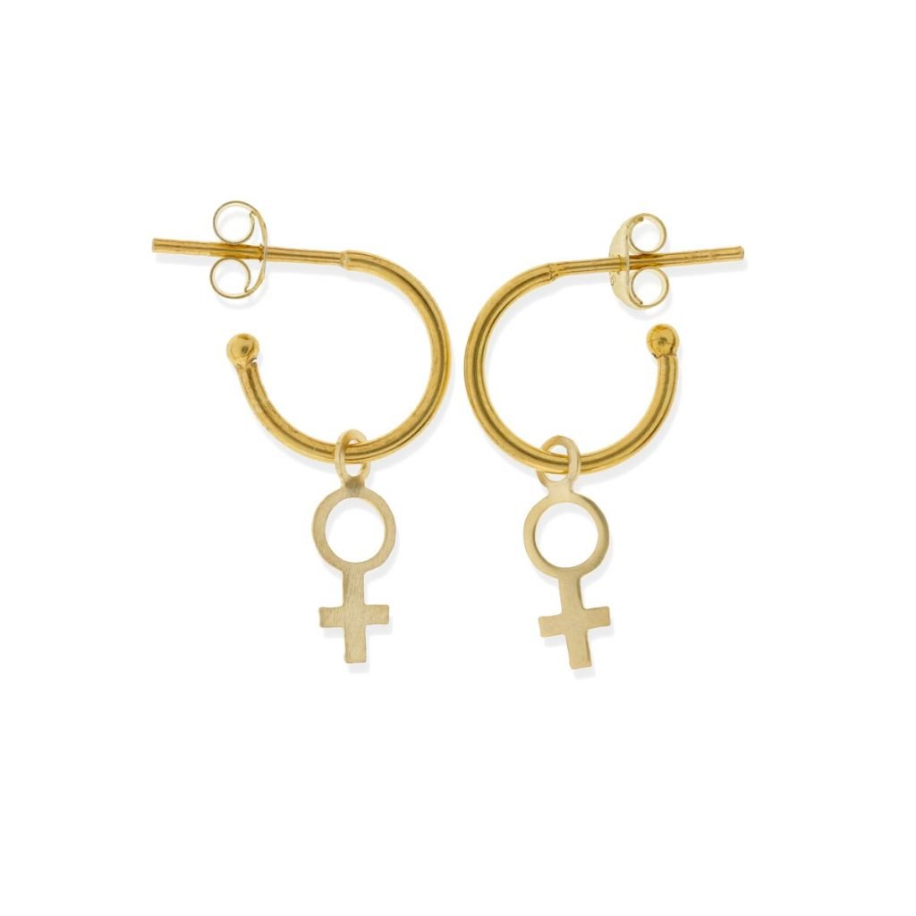 Pendientes de plata de ley 925 con baño de oro de 18 quilates con aro de 1,2x12mm y colgante símbolo mujer de 10mm.