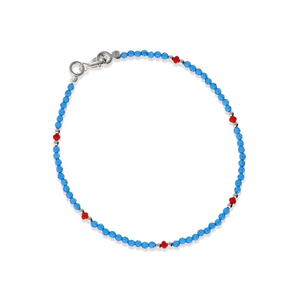 Pulsera de plata de ley 925 de cuentas de piedras y cristal azul con bolitas rojas y de plata de 2mm y de 18cm de largo con cierre reasa.