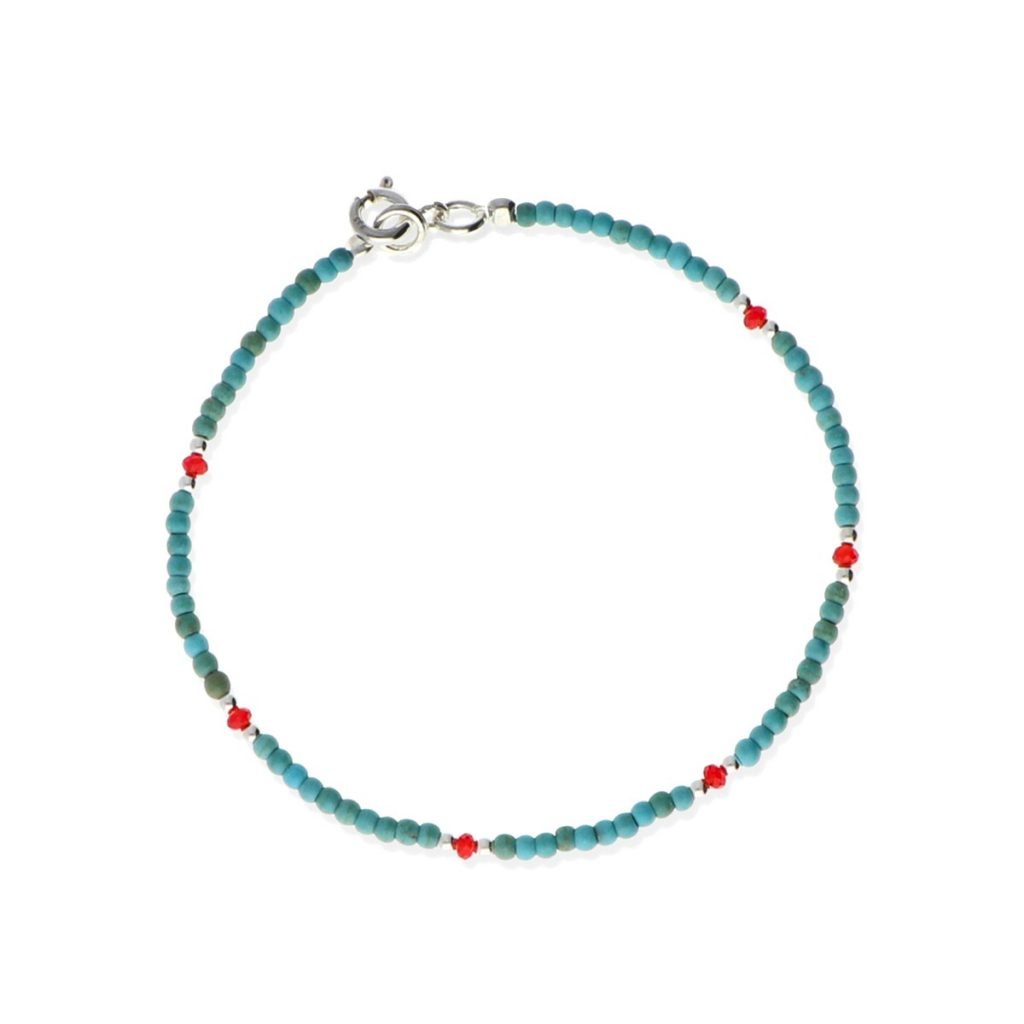 Pulsera de plata de ley 925 de cuentas de piedras y cristal de coral con bolitas rojas y de plata de 2mm y de 18cm de largo con cierre reasa.